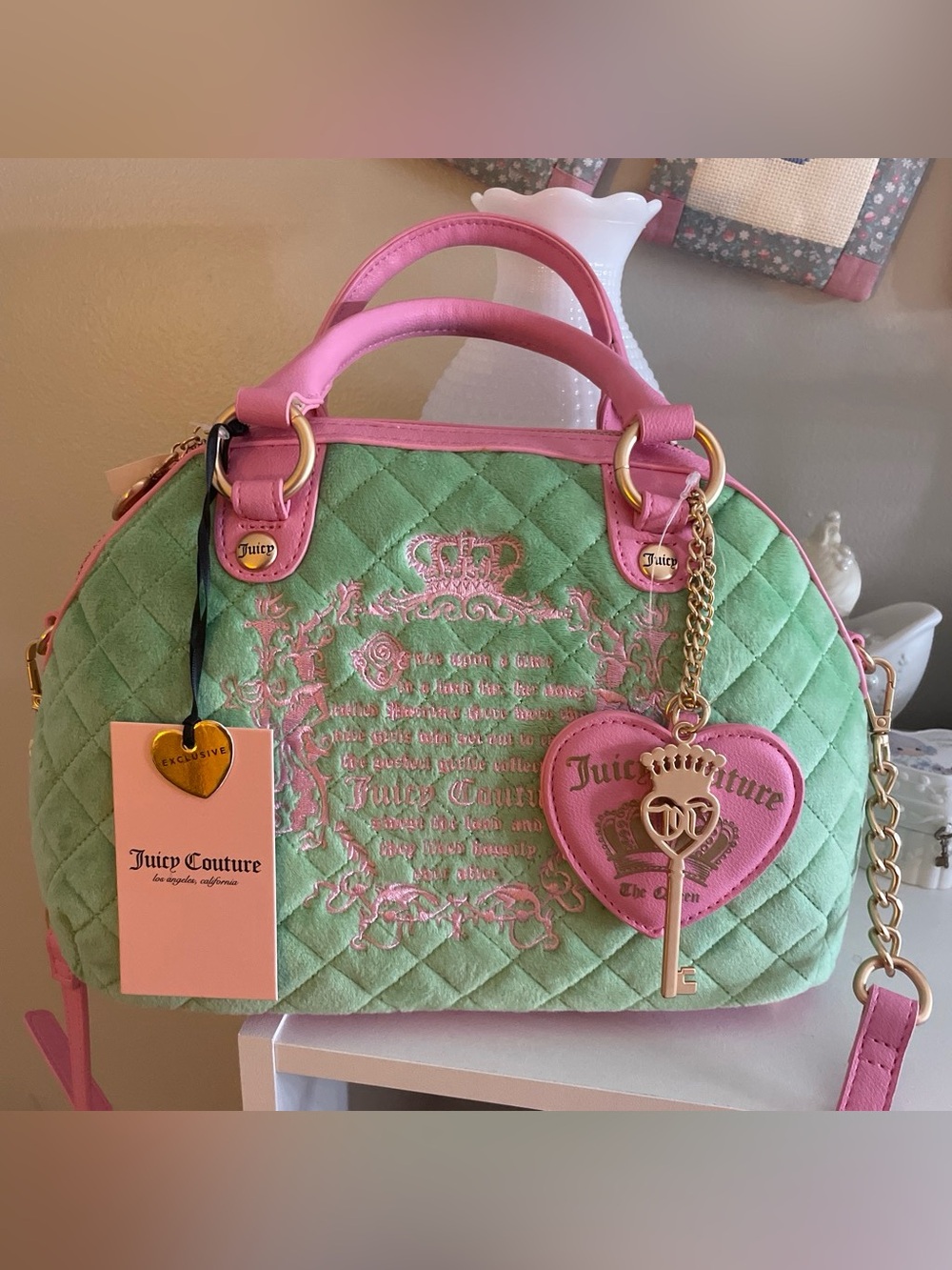 Juicy Couture Mint Green Quilted Satchel with Pink Accents
